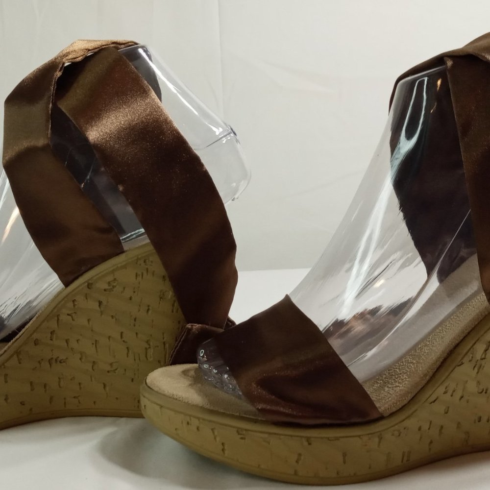 Andrew Stevens Copper Satin Tie up Cork Wedge Sandal Size 6.5